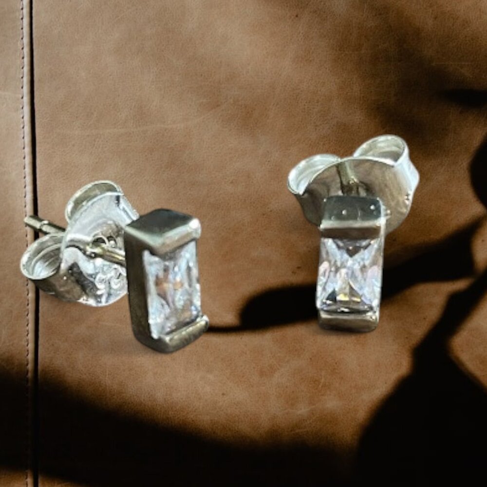 Carefree CZ Stud Earrings, 925 Sterling Silver Emerald-Cut Clear Prong Set